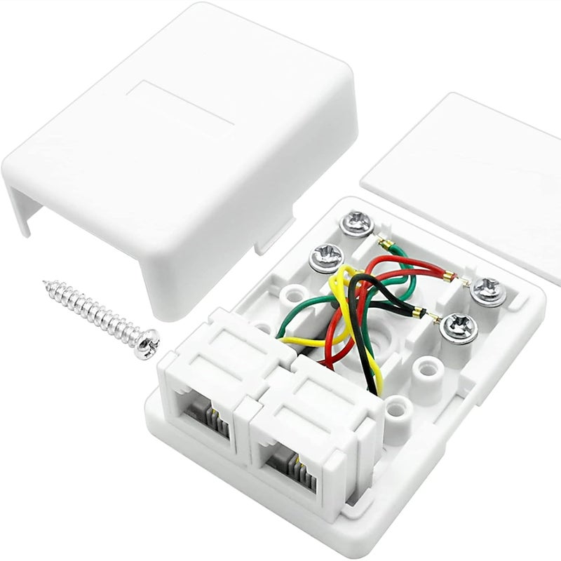 NECABLES Phone Jack Surface Mount Dual Port Telephone Jack Box 4 Screw Terminals to 2 RJ11 6P4C Female White - Image 1